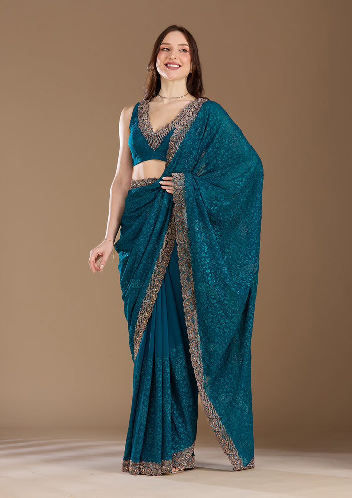 Peacock Blue Threadwork Georgette Saree