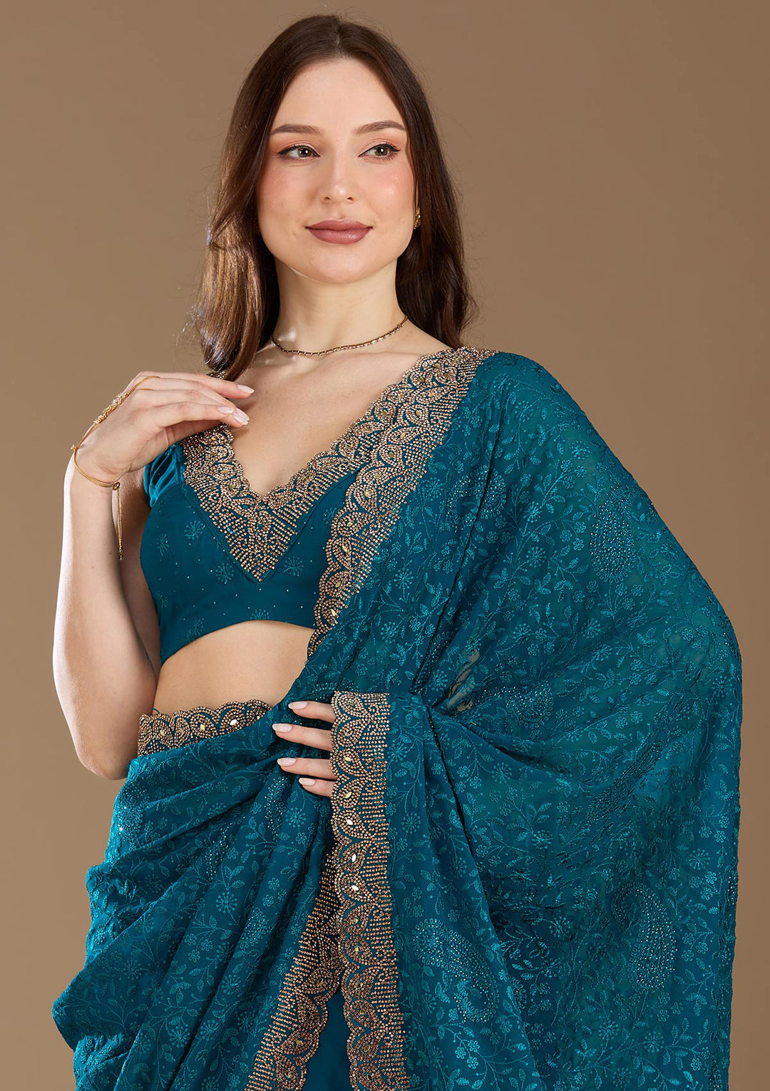 Peacock Blue Threadwork Georgette Saree