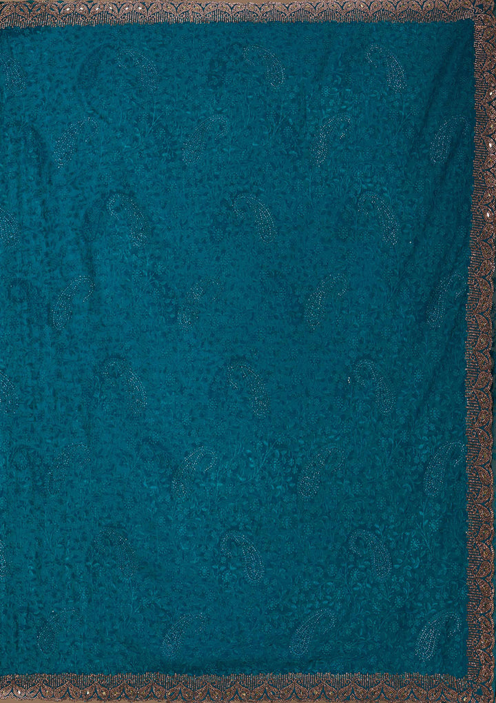 Peacock Blue Threadwork Georgette Saree
