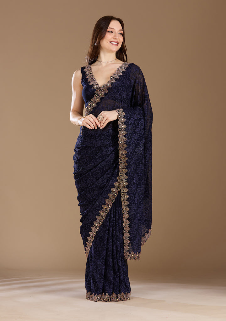 Navy Blue Georgette Threadwork Saree With Matching Blouse Piece