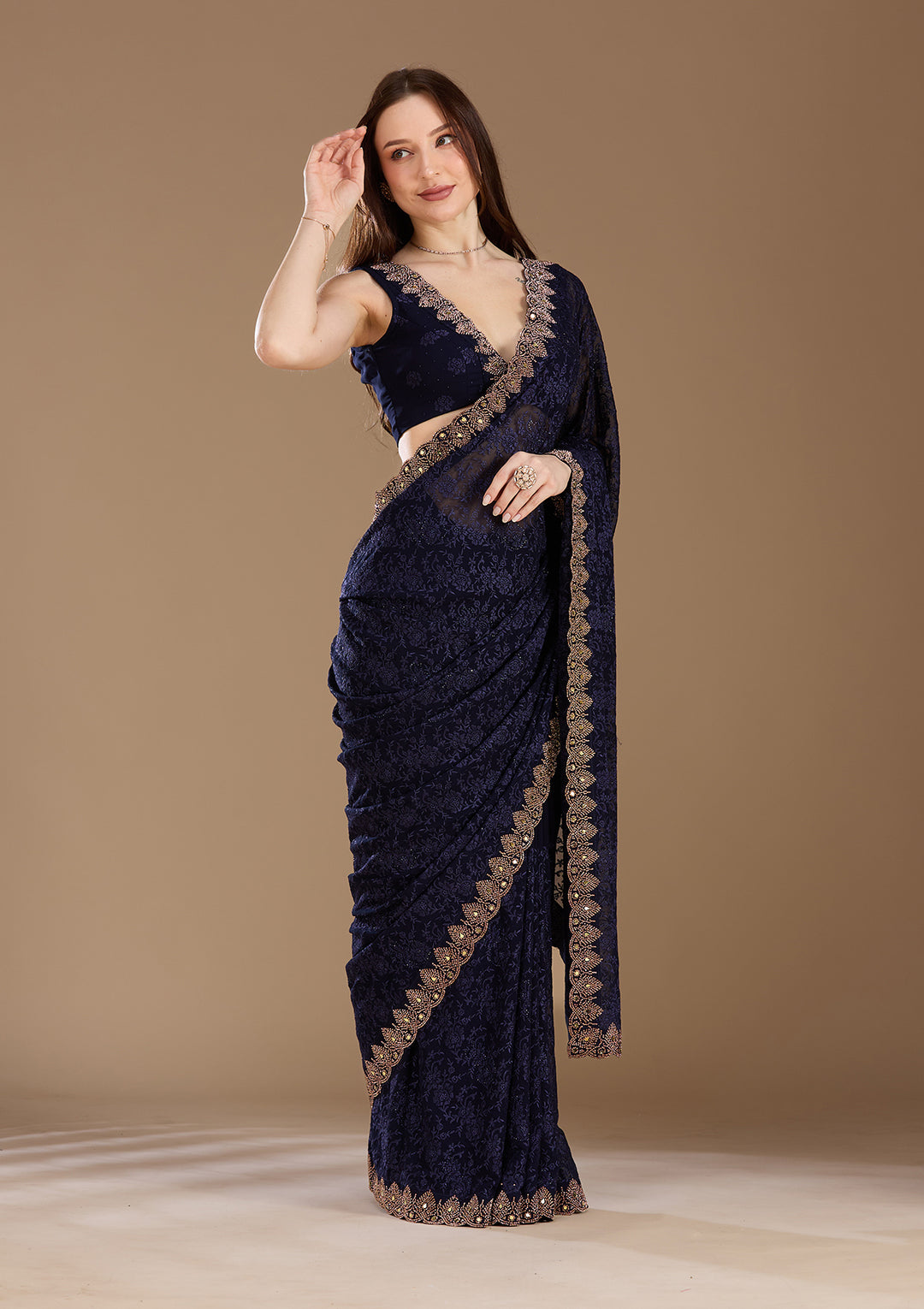 Navy Blue Georgette Threadwork Saree With Matching Blouse Piece