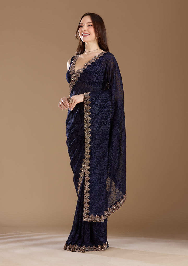 Navy Blue Georgette Threadwork Saree With Matching Blouse Piece