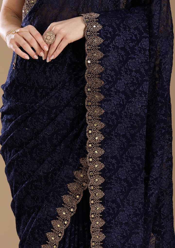 Navy Blue Georgette Threadwork Saree With Matching Blouse Piece