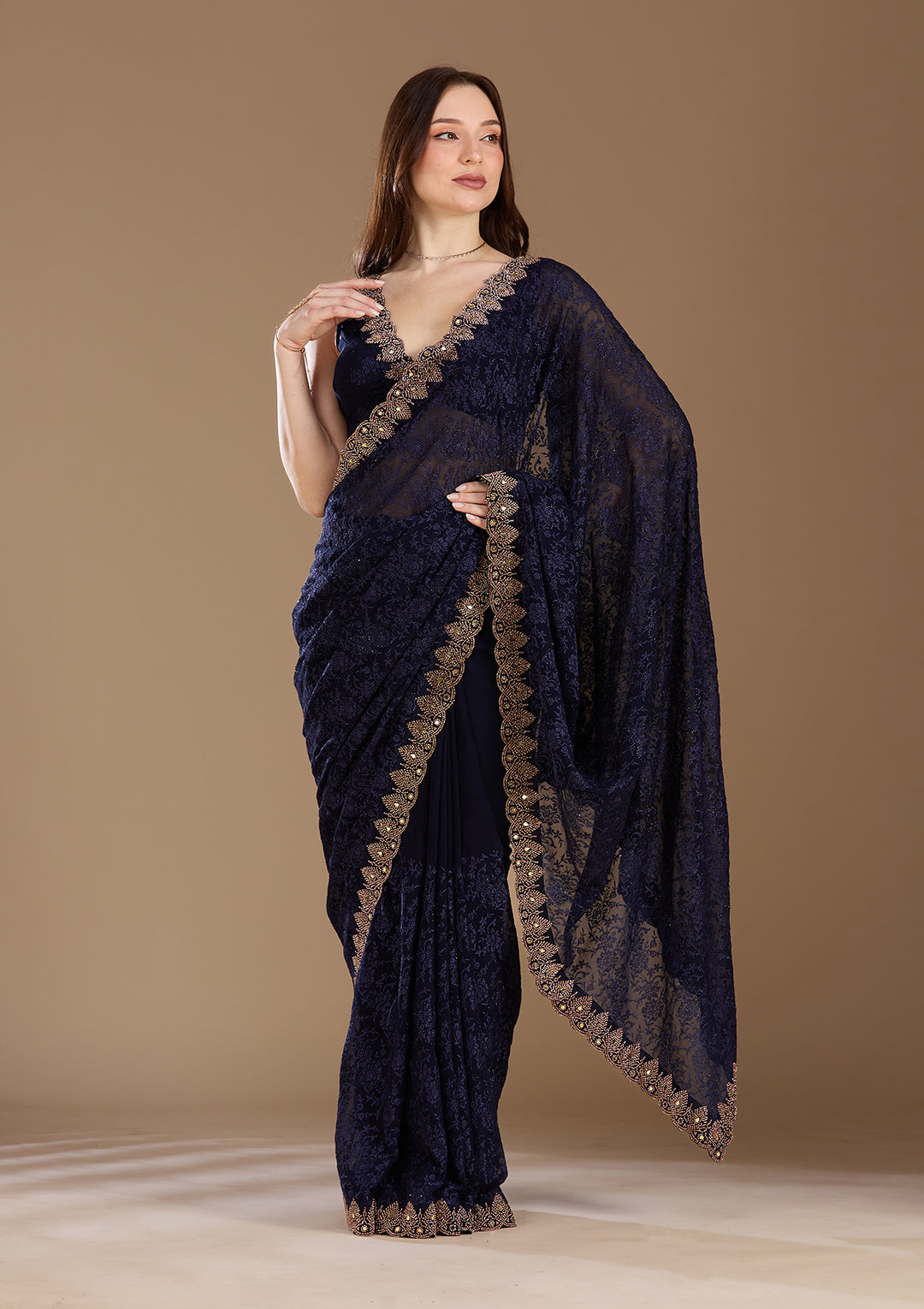 Navy Blue Georgette Threadwork Saree With Matching Blouse Piece