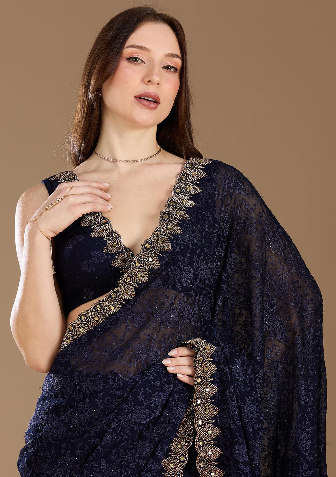 Navy Blue Georgette Threadwork Saree With Matching Blouse Piece