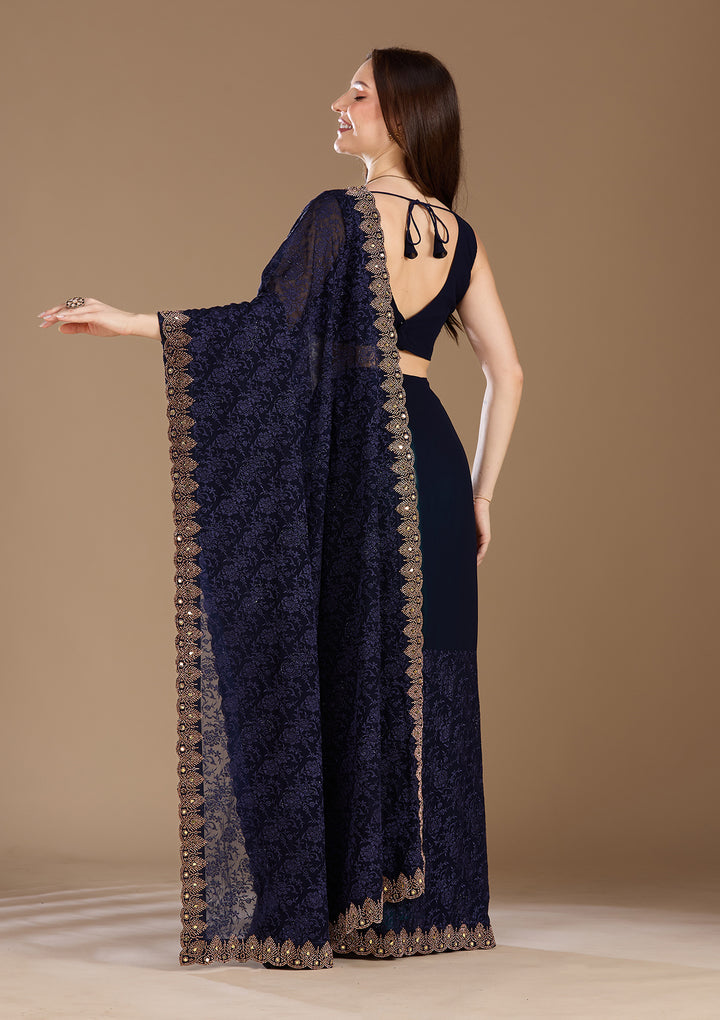 Navy Blue Georgette Threadwork Saree With Matching Blouse Piece