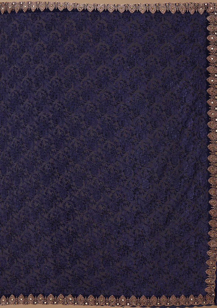 Navy Blue Georgette Threadwork Saree With Matching Blouse Piece
