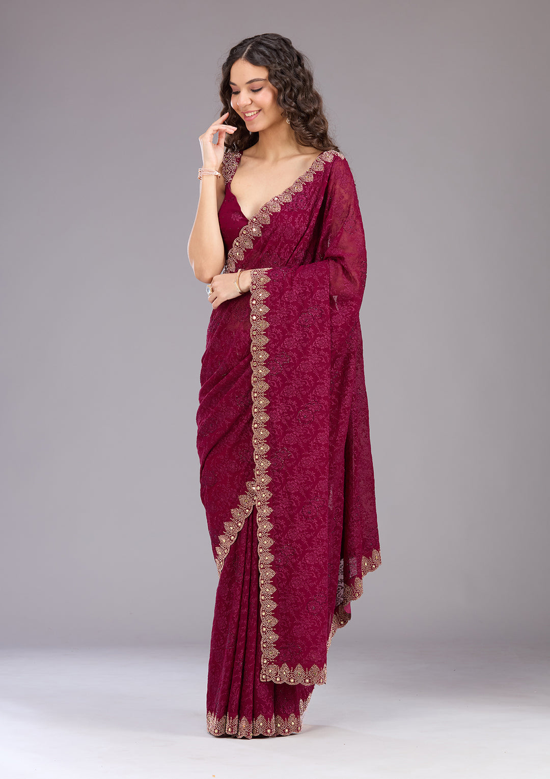 Wine Threadwork Georgette Saree