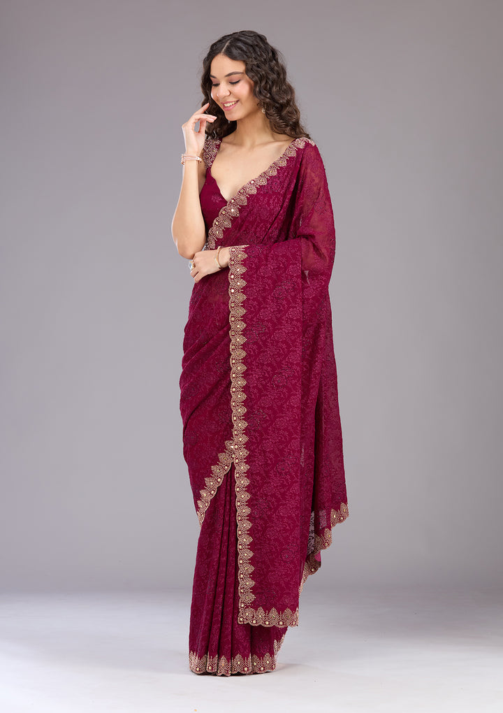 Wine Threadwork Georgette Saree
