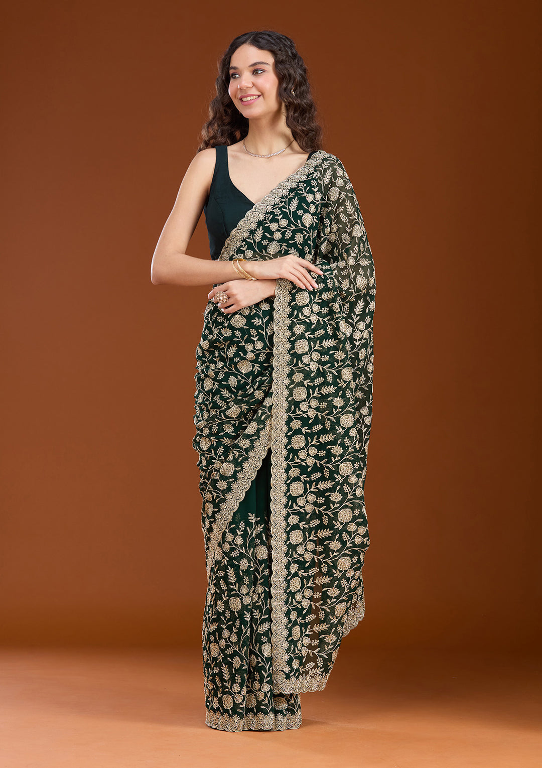Bottle Green Georgette Gold Zariwork Saree With Matching Blouse Piece