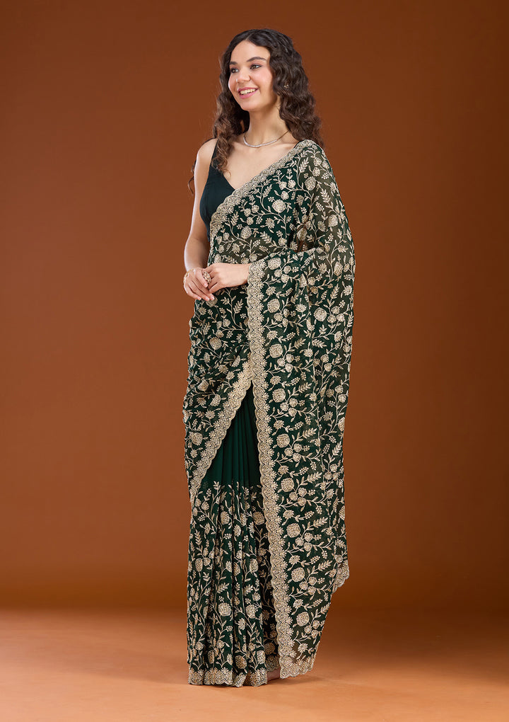 Bottle Green Georgette Gold Zariwork Saree With Matching Blouse Piece