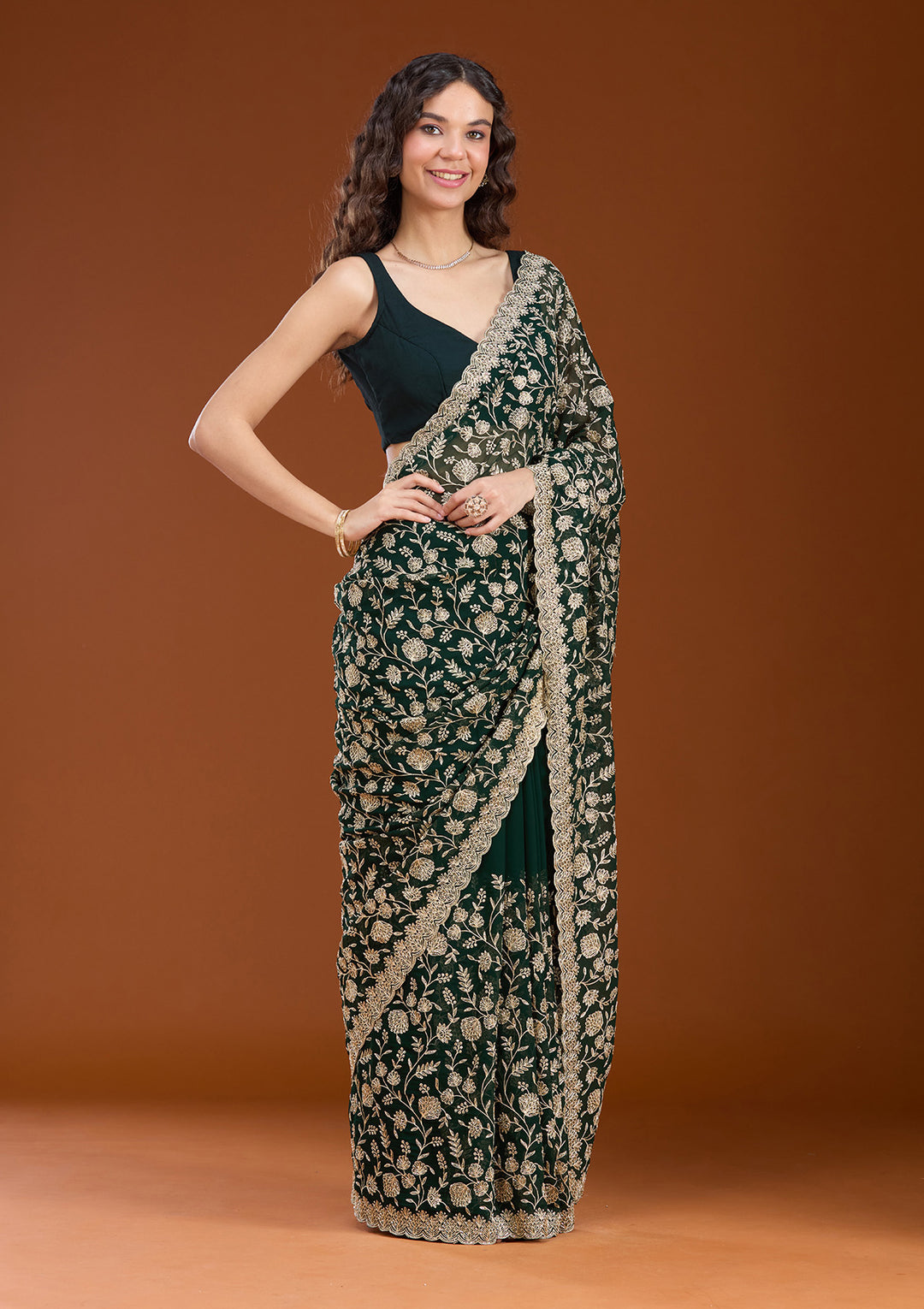 Bottle Green Georgette Gold Zariwork Saree With Matching Blouse Piece