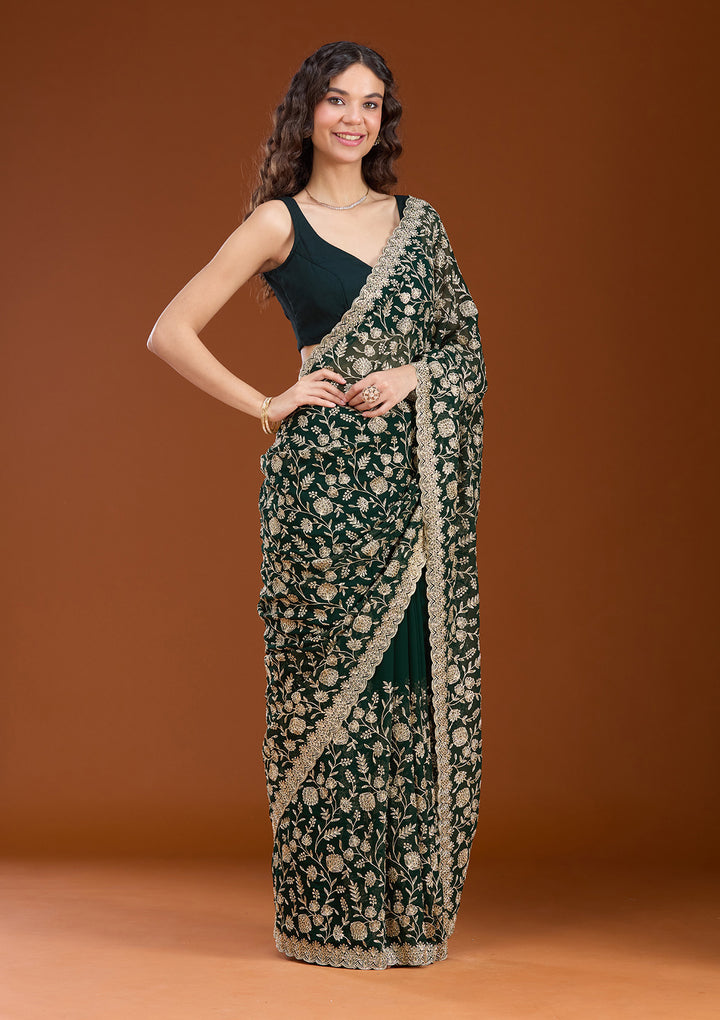 Bottle Green Georgette Gold Zariwork Saree With Matching Blouse Piece