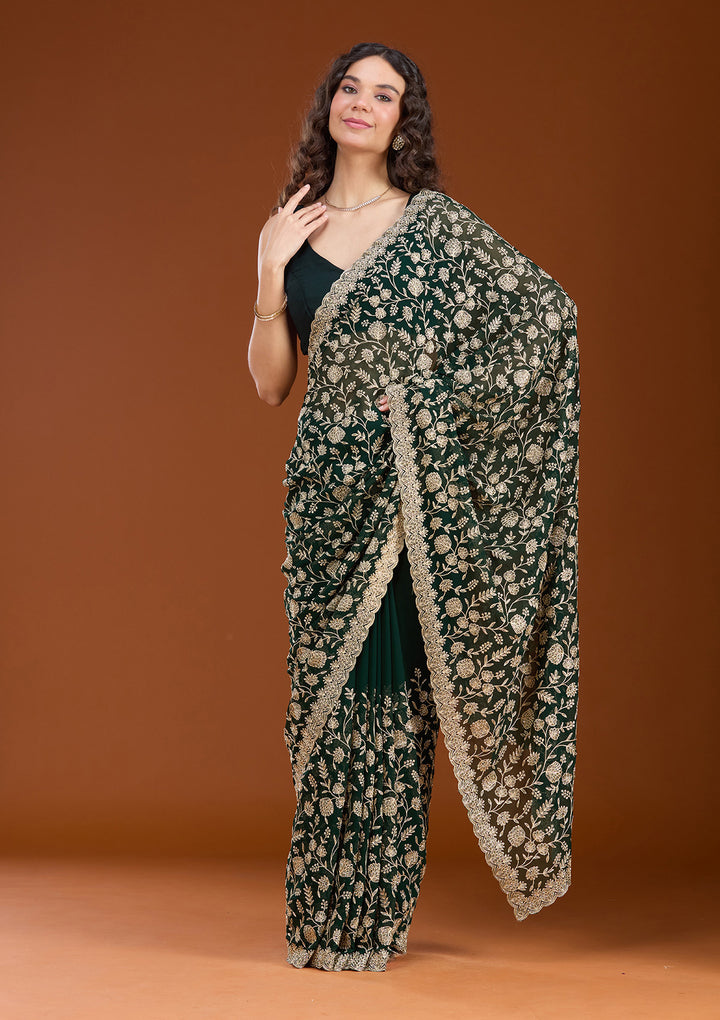 Bottle Green Georgette Gold Zariwork Saree With Matching Blouse Piece