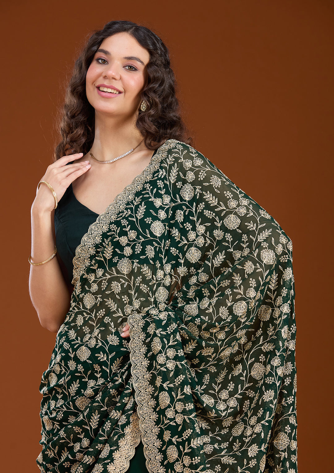 Bottle Green Georgette Gold Zariwork Saree With Matching Blouse Piece