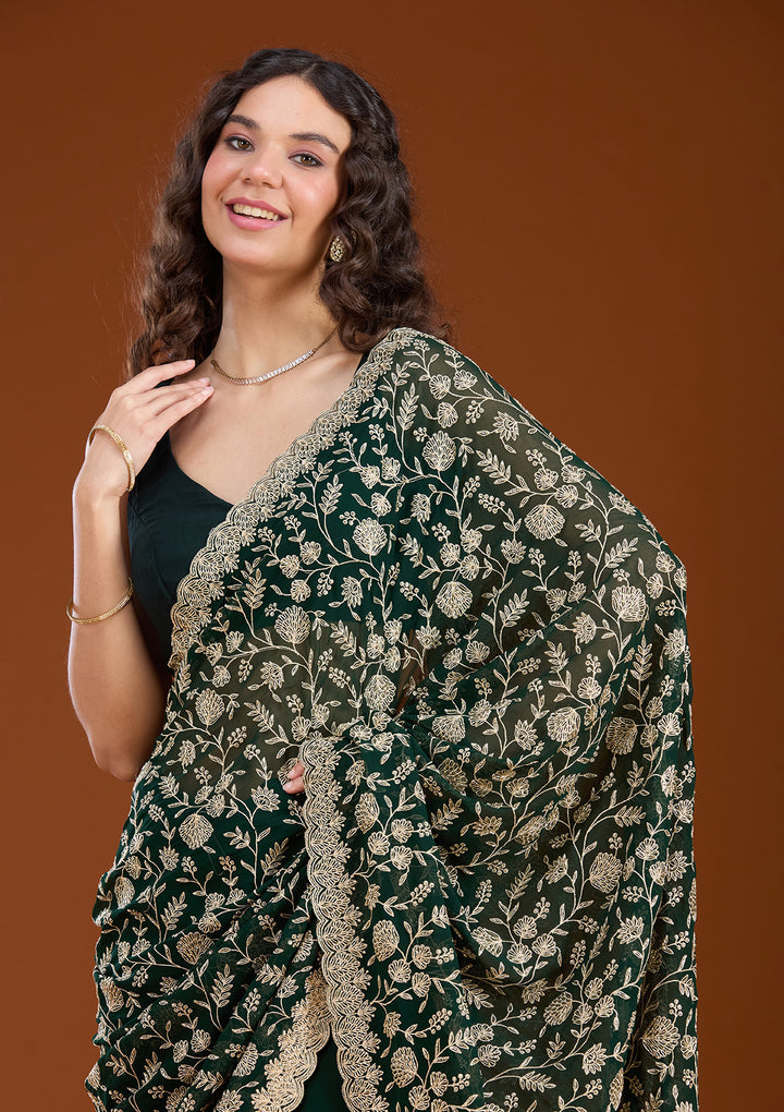 Bottle Green Georgette Gold Zariwork Saree With Matching Blouse Piece