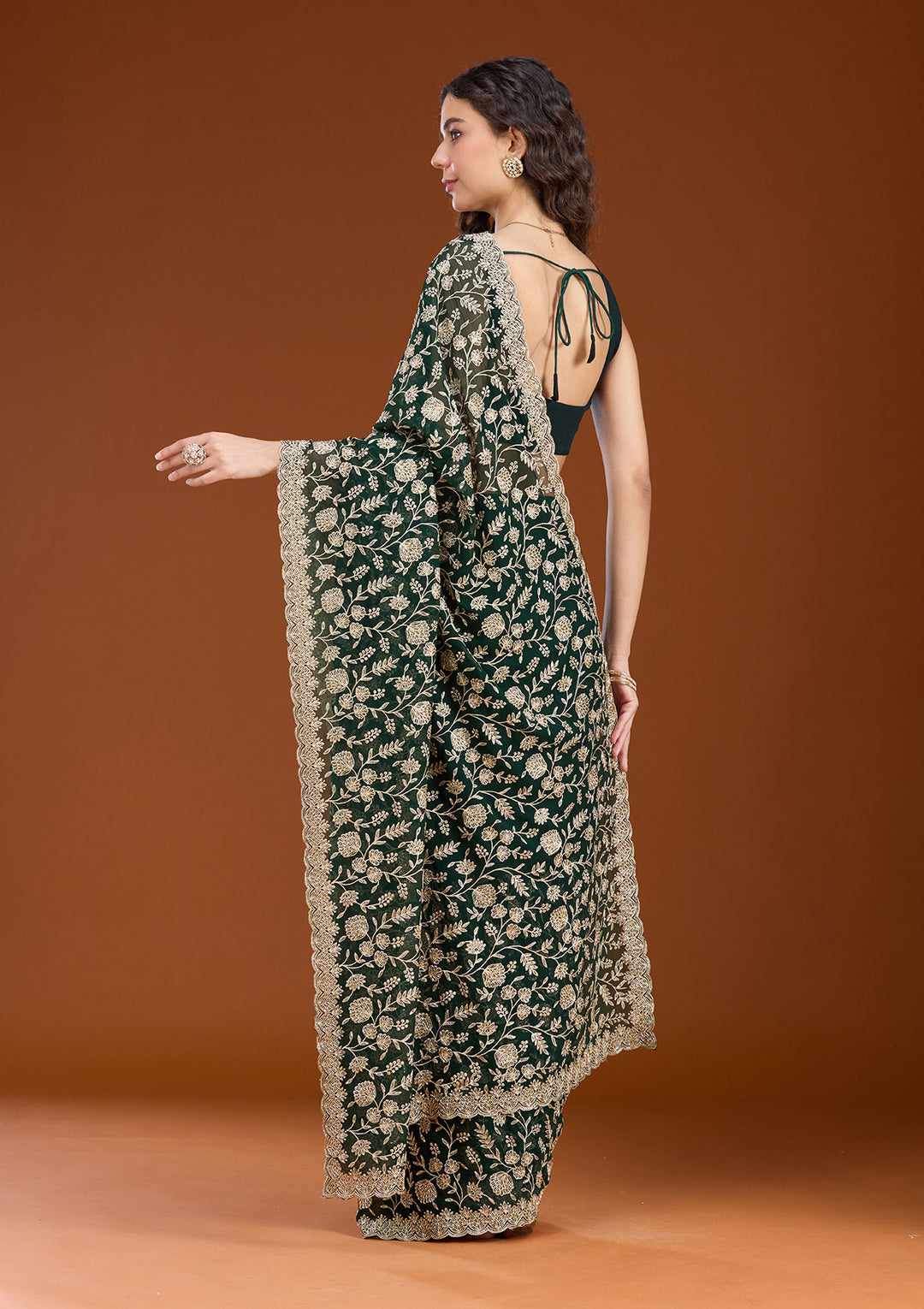 Bottle Green Georgette Gold Zariwork Saree With Matching Blouse Piece
