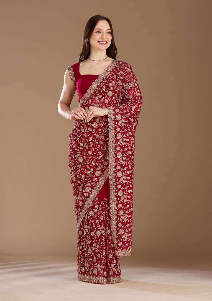 Magenta Pink Zariwork (Gold) Georgette Saree