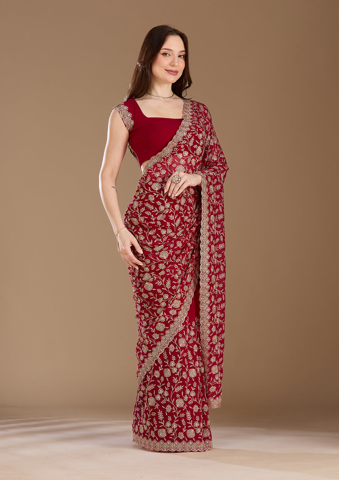 Magenta Pink Zariwork (Gold) Georgette Saree