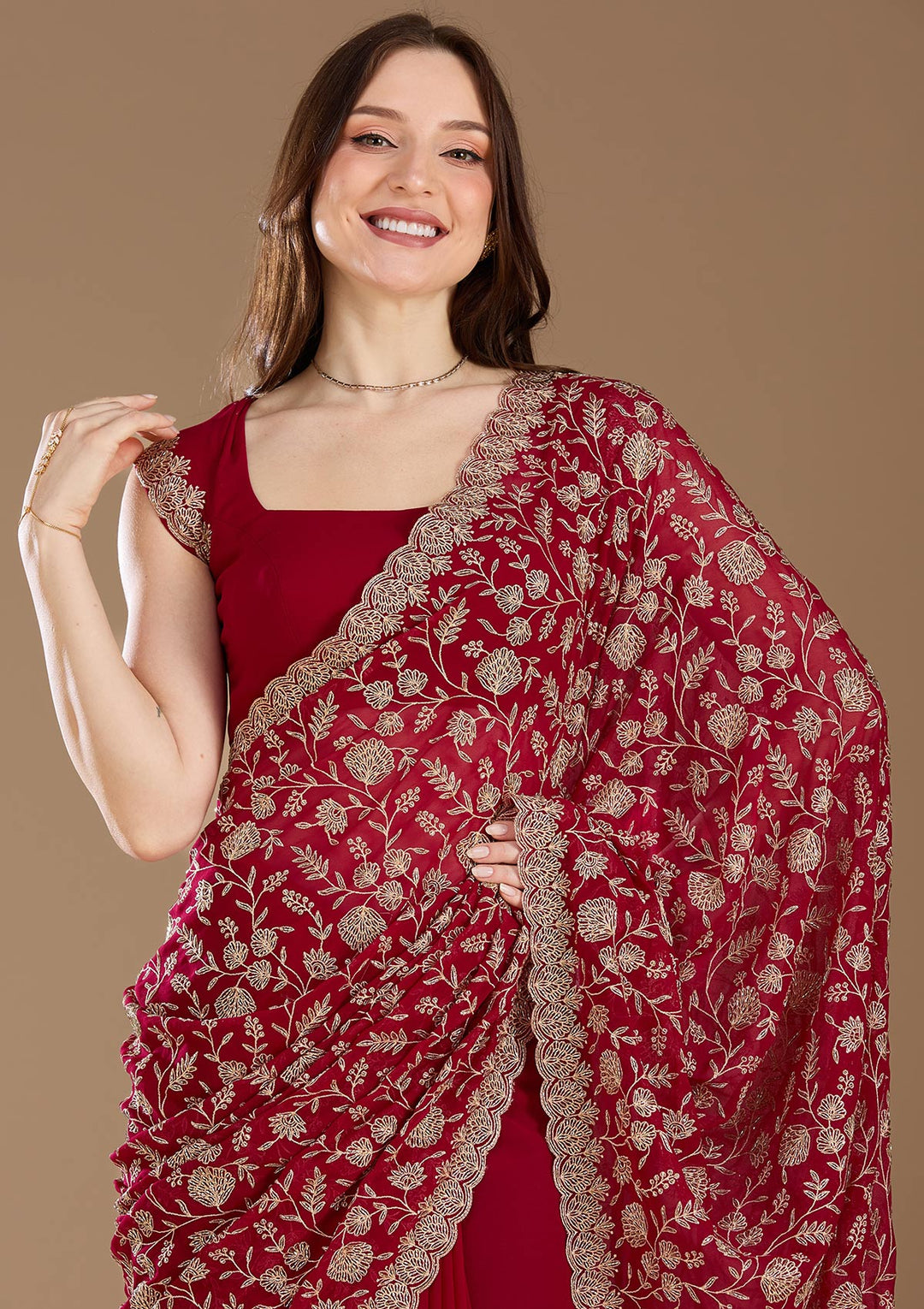 Magenta Pink Zariwork (Gold) Georgette Saree