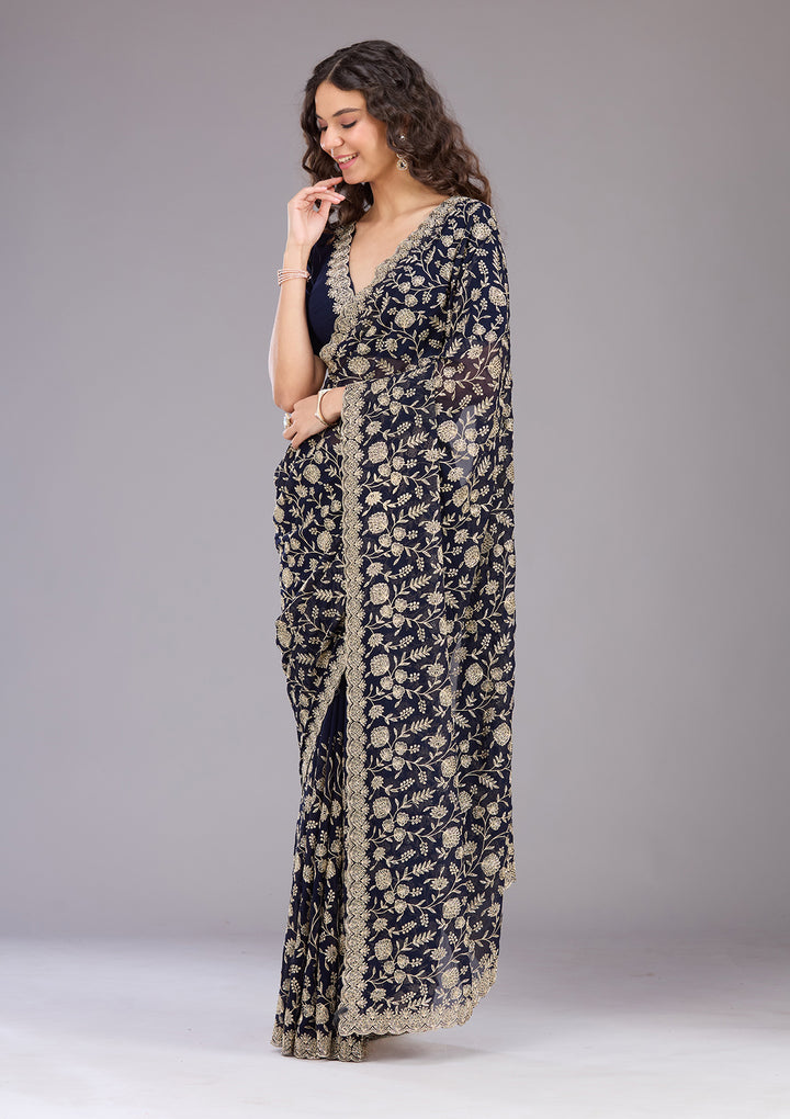 Navy Blue Zariwork (Gold) Georgette Saree