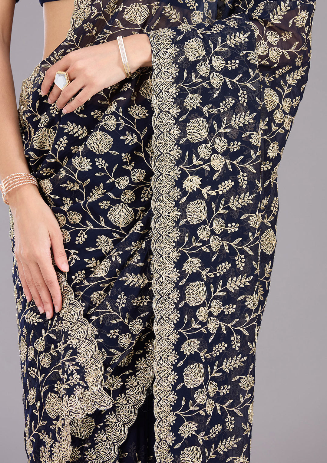 Navy Blue Zariwork (Gold) Georgette Saree