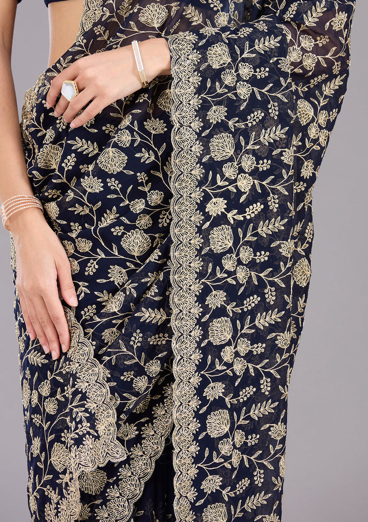 Navy Blue Zariwork (Gold) Georgette Saree