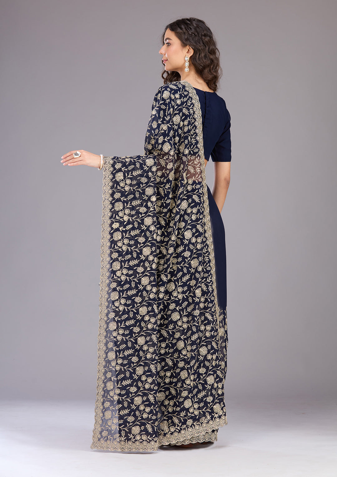 Navy Blue Zariwork (Gold) Georgette Saree