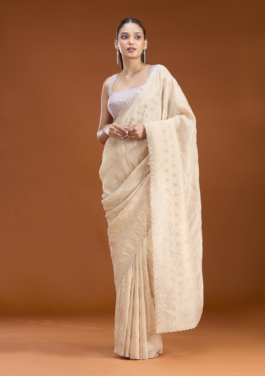 Beige Stonework (Gold) Tissue Saree