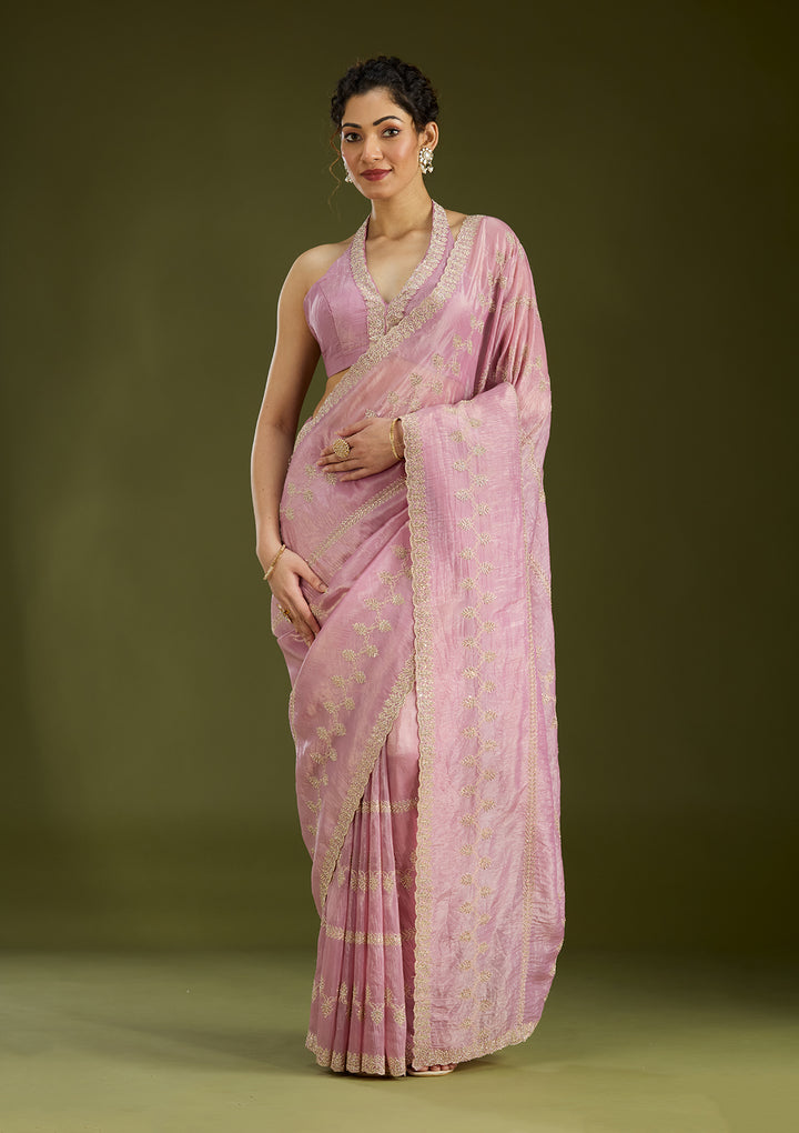 Pink Tissue Gold Stonework Saree With Matching Blouse Piece