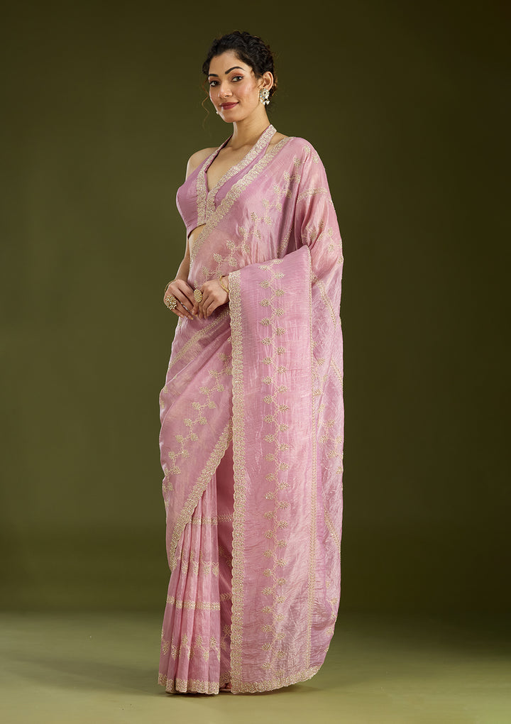 Pink Tissue Gold Stonework Saree With Matching Blouse Piece