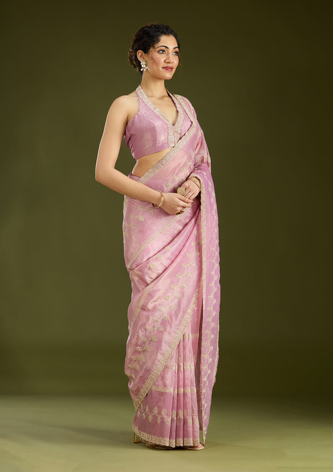 Pink Tissue Gold Stonework Saree With Matching Blouse Piece