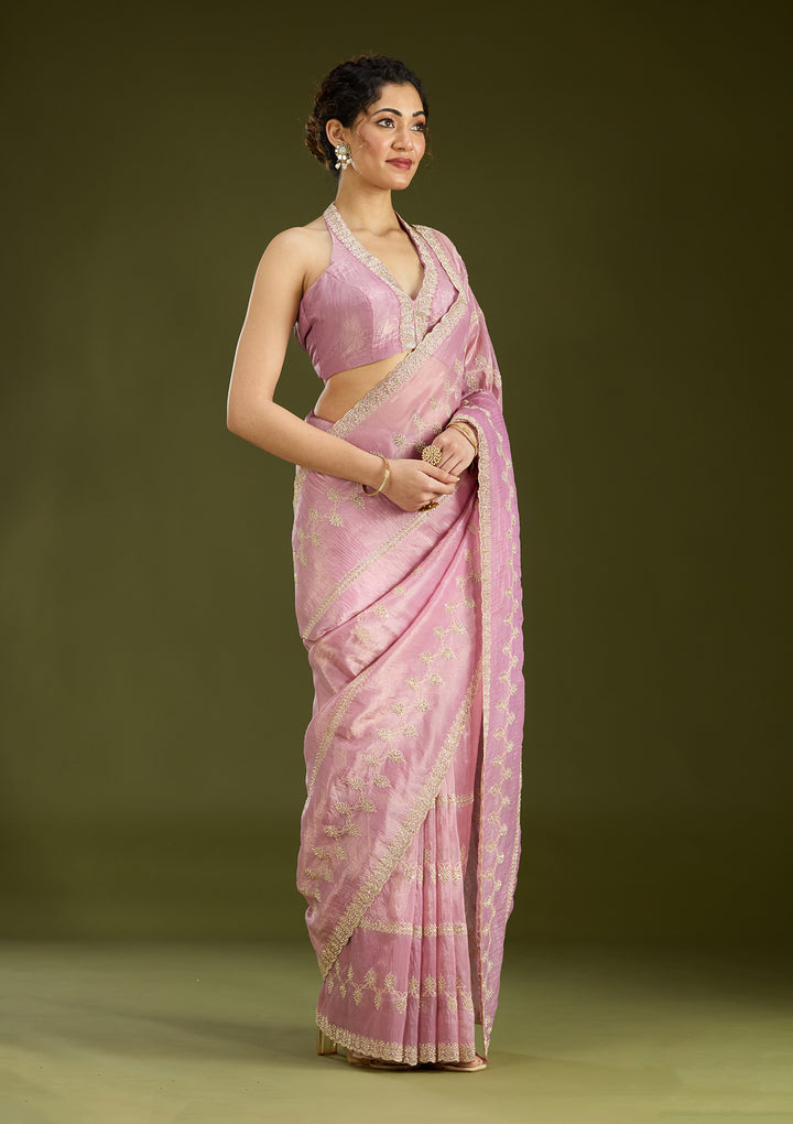 Pink Tissue Gold Stonework Saree With Matching Blouse Piece