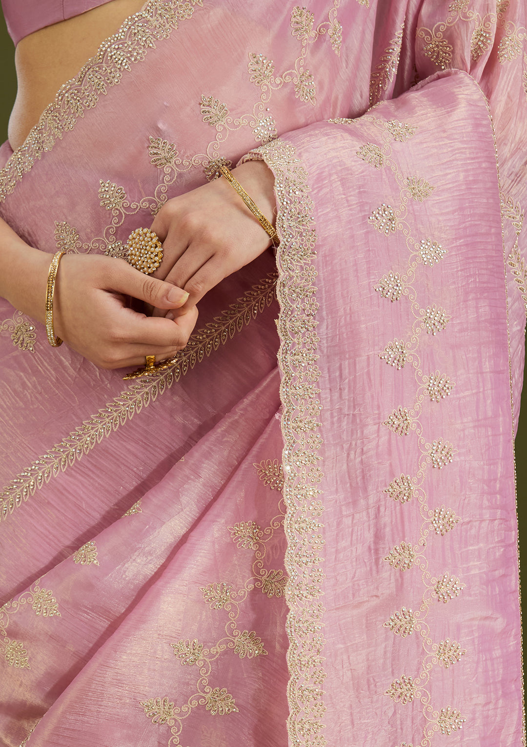 Pink Tissue Gold Stonework Saree With Matching Blouse Piece