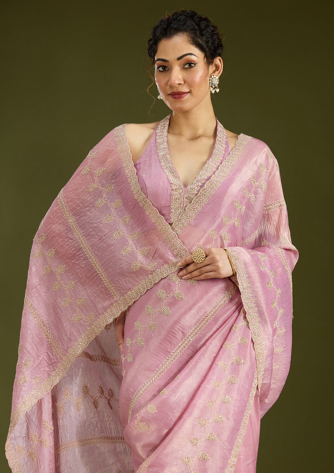Pink Tissue Gold Stonework Saree With Matching Blouse Piece