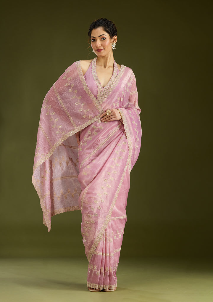 Pink Tissue Gold Stonework Saree With Matching Blouse Piece