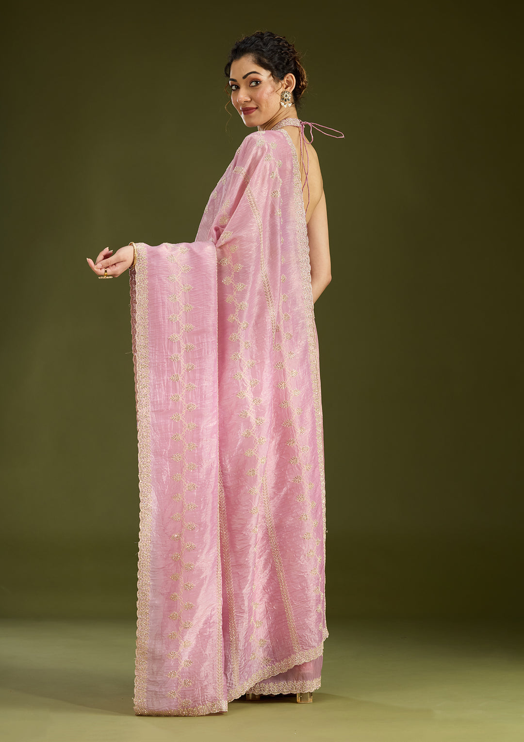 Pink Tissue Gold Stonework Saree With Matching Blouse Piece