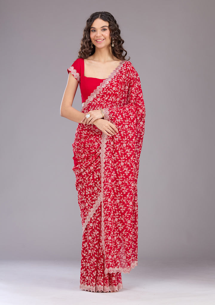 Maroon Zariwork (Silver) Georgette Saree