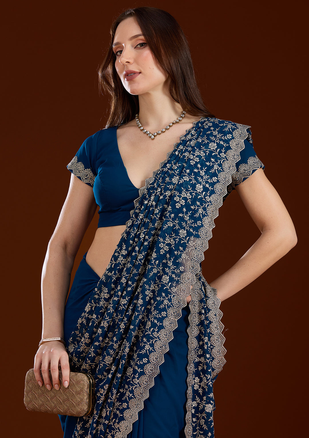 Peacock Blue Zariwork (Silver) Georgette Saree