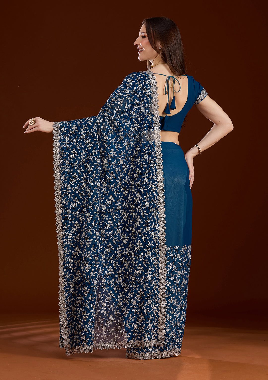 Peacock Blue Zariwork (Silver) Georgette Saree