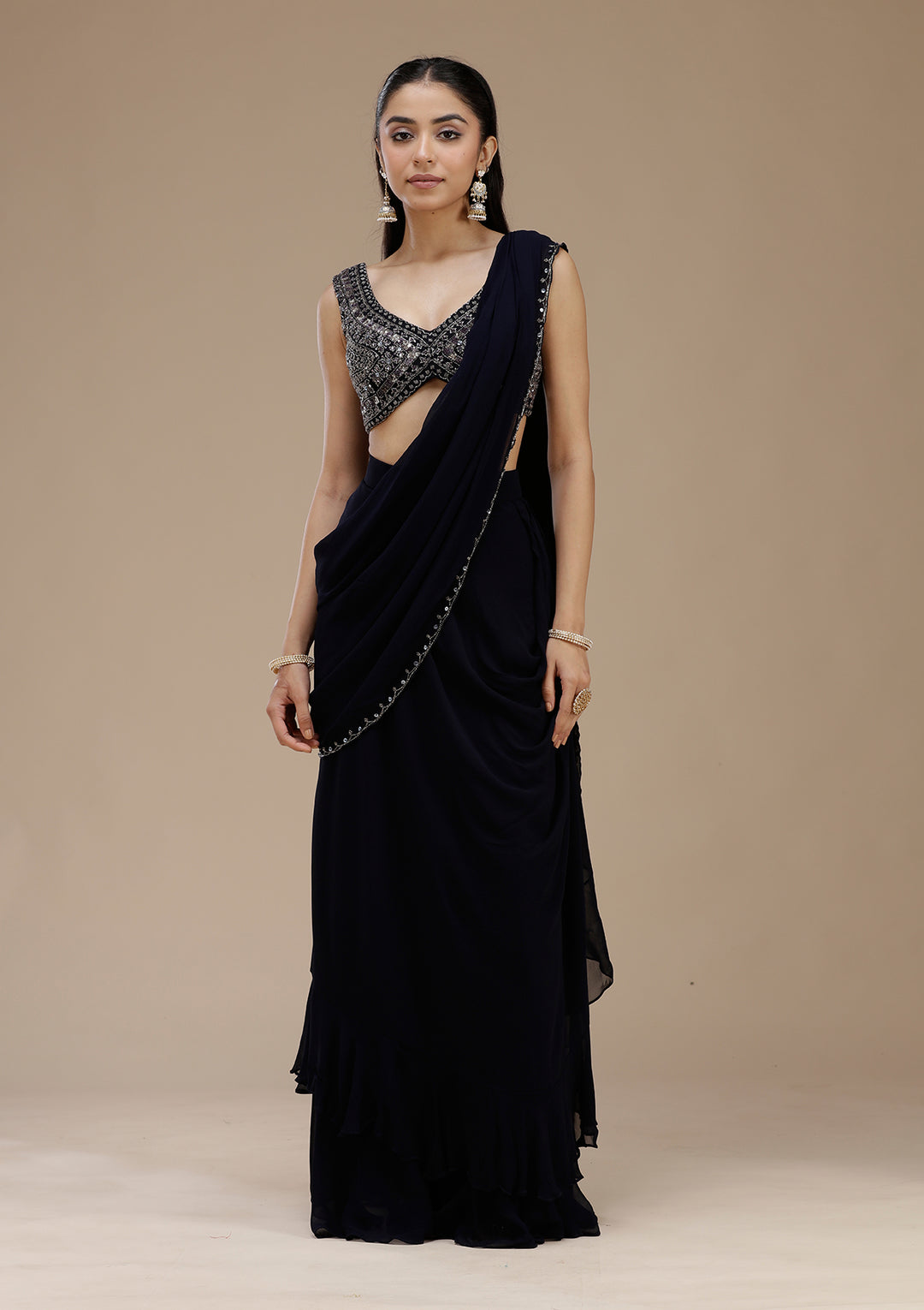 Navy Blue Cutdana Georgette Saree
