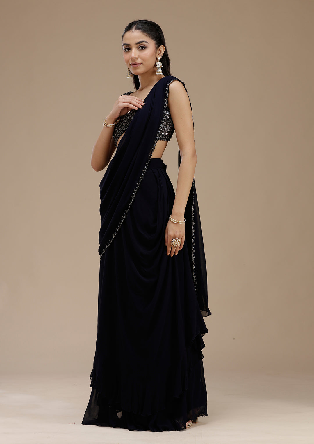 Navy Blue Cutdana Georgette Saree