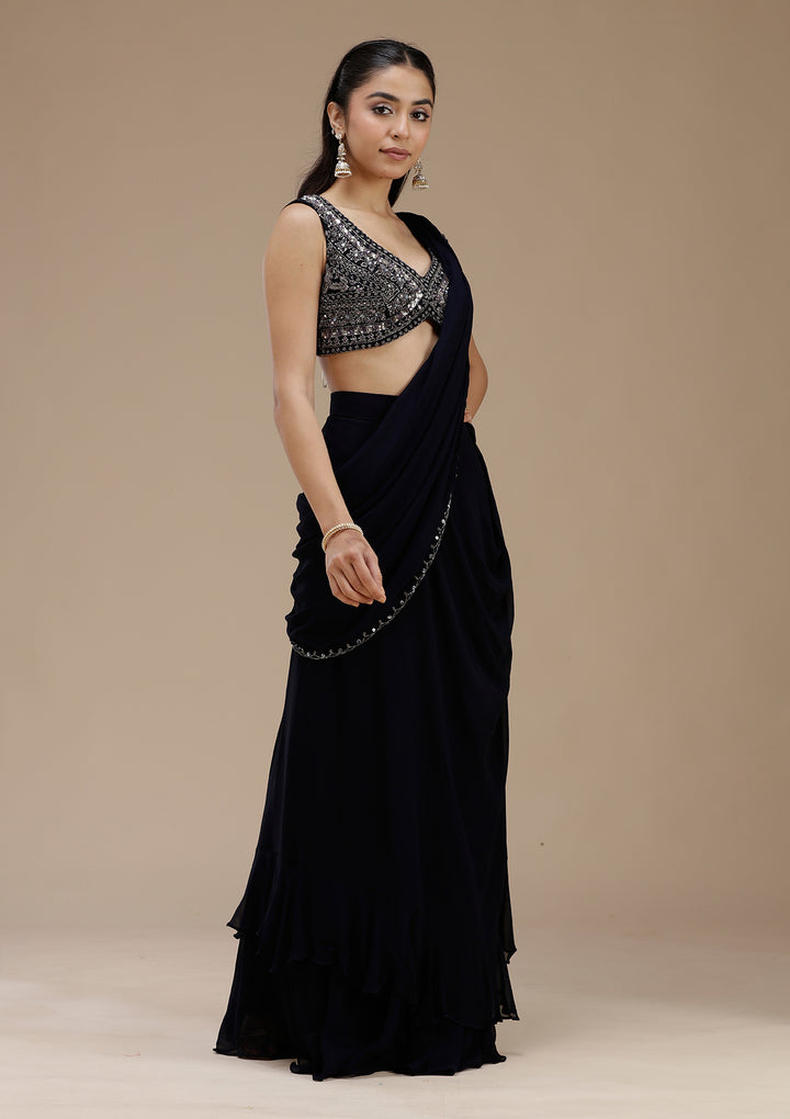 Navy Blue Cutdana Georgette Saree