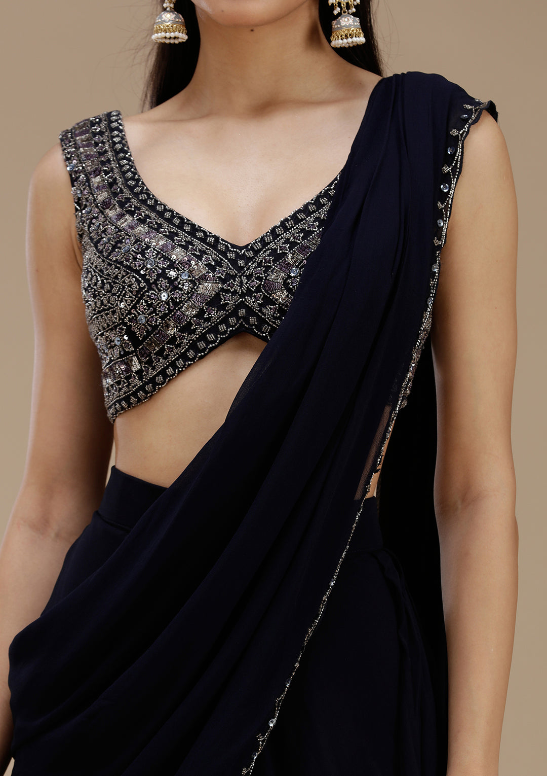 Navy Blue Cutdana Georgette Saree