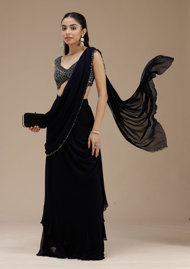 Navy Blue Cutdana Georgette Saree