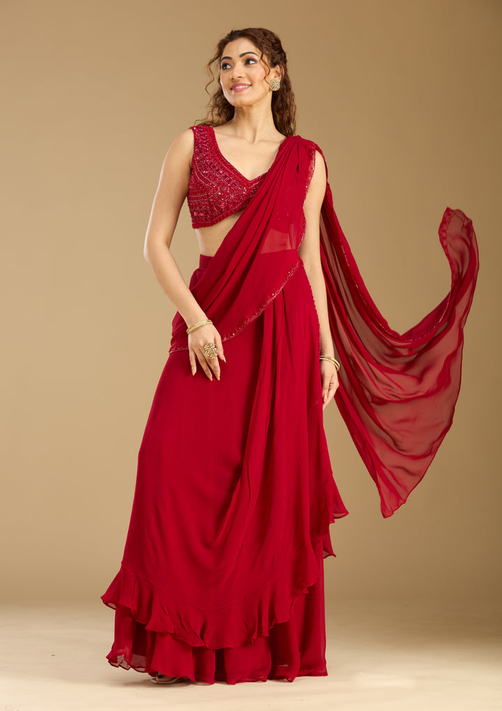 Red Georgette Cutdana Saree With Matching Blouse Piece