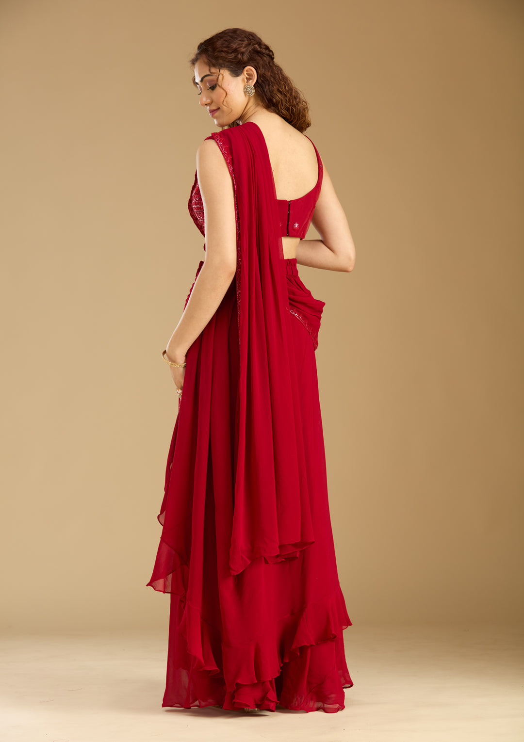 Red Georgette Cutdana Saree With Matching Blouse Piece