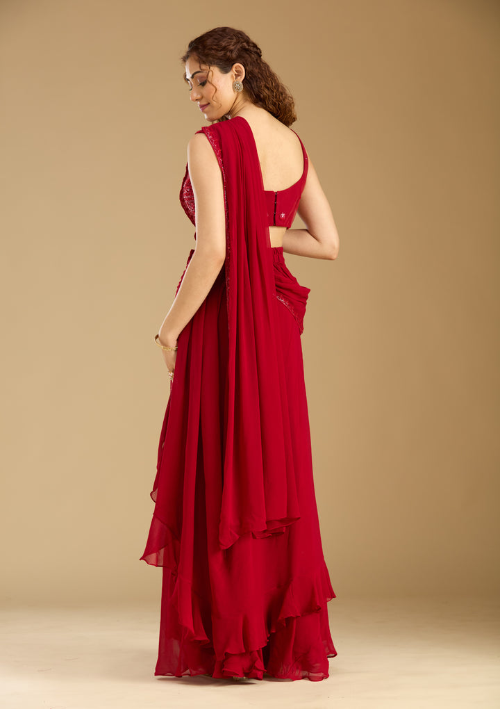 Red Georgette Cutdana Saree With Matching Blouse Piece