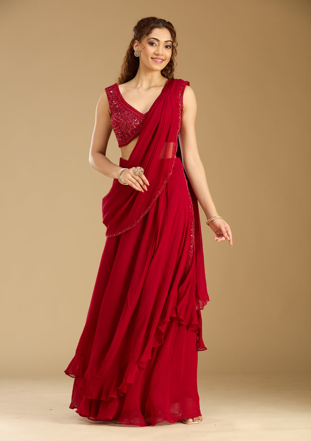 Red Georgette Cutdana Saree With Matching Blouse Piece