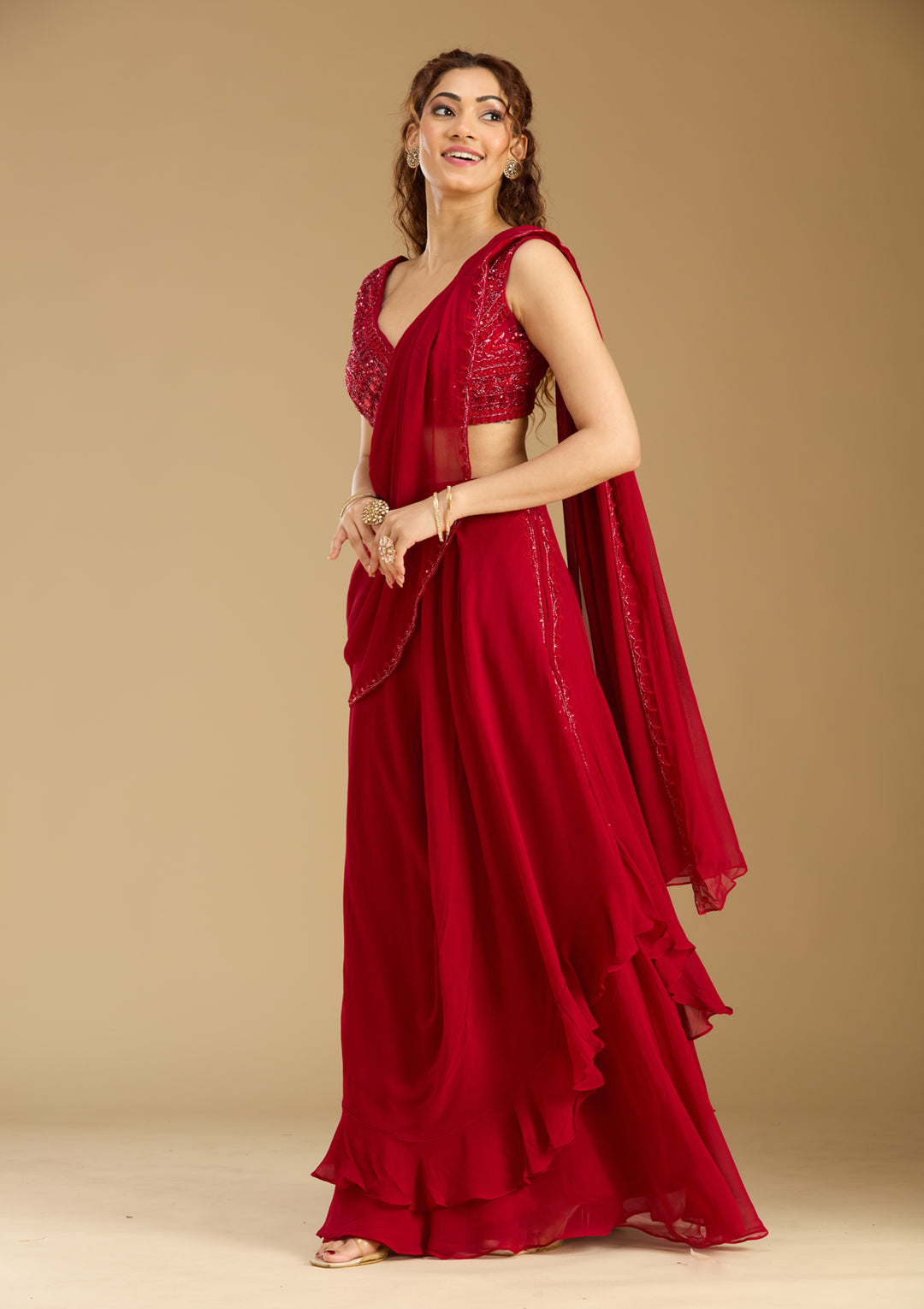 Red Georgette Cutdana Saree With Matching Blouse Piece